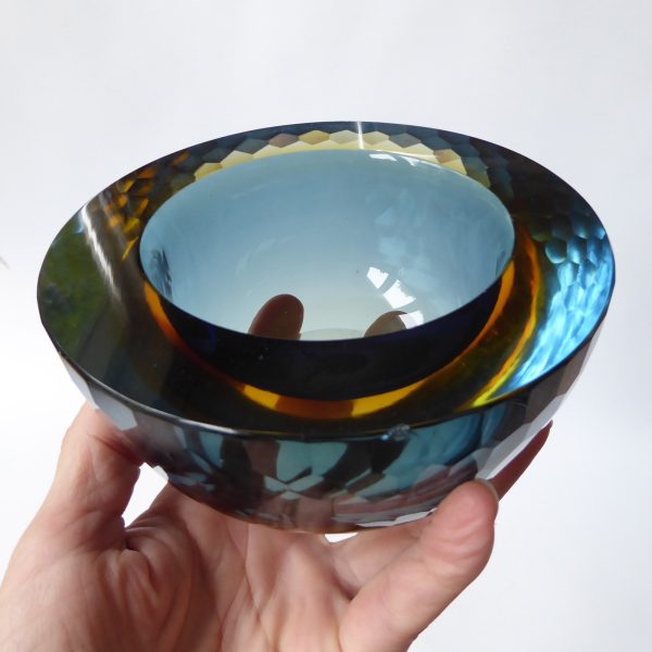 Murano geode vintage art glass bowl, amber sommerso + blue. Ashtray dish round - Image 8
