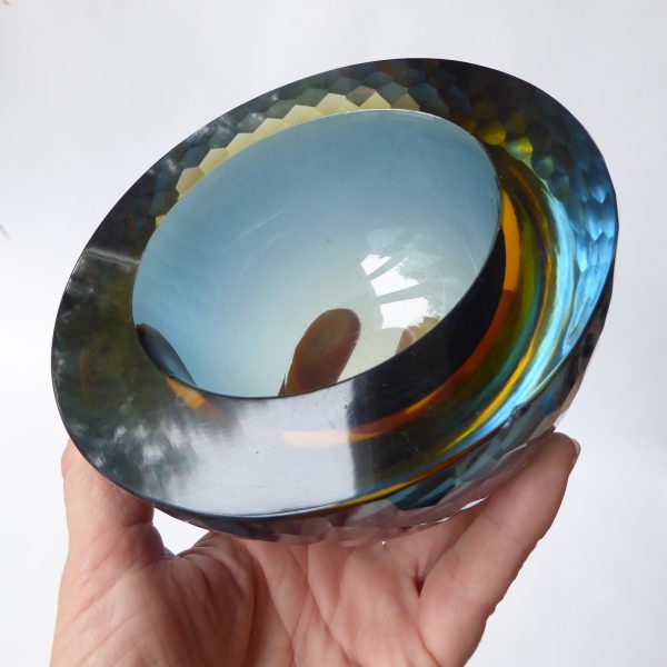 Murano geode vintage art glass bowl, amber sommerso + blue. Ashtray dish round - Image 9
