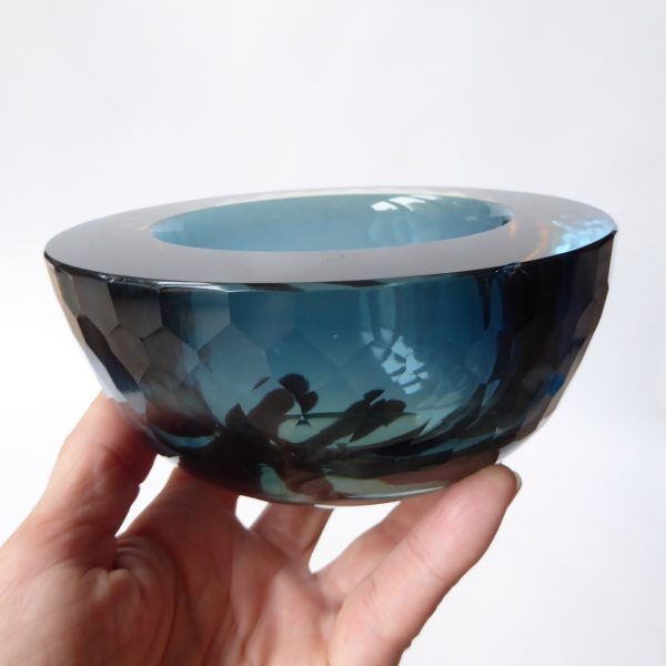 Murano geode vintage art glass bowl, amber sommerso + blue. Ashtray dish round - Image 10