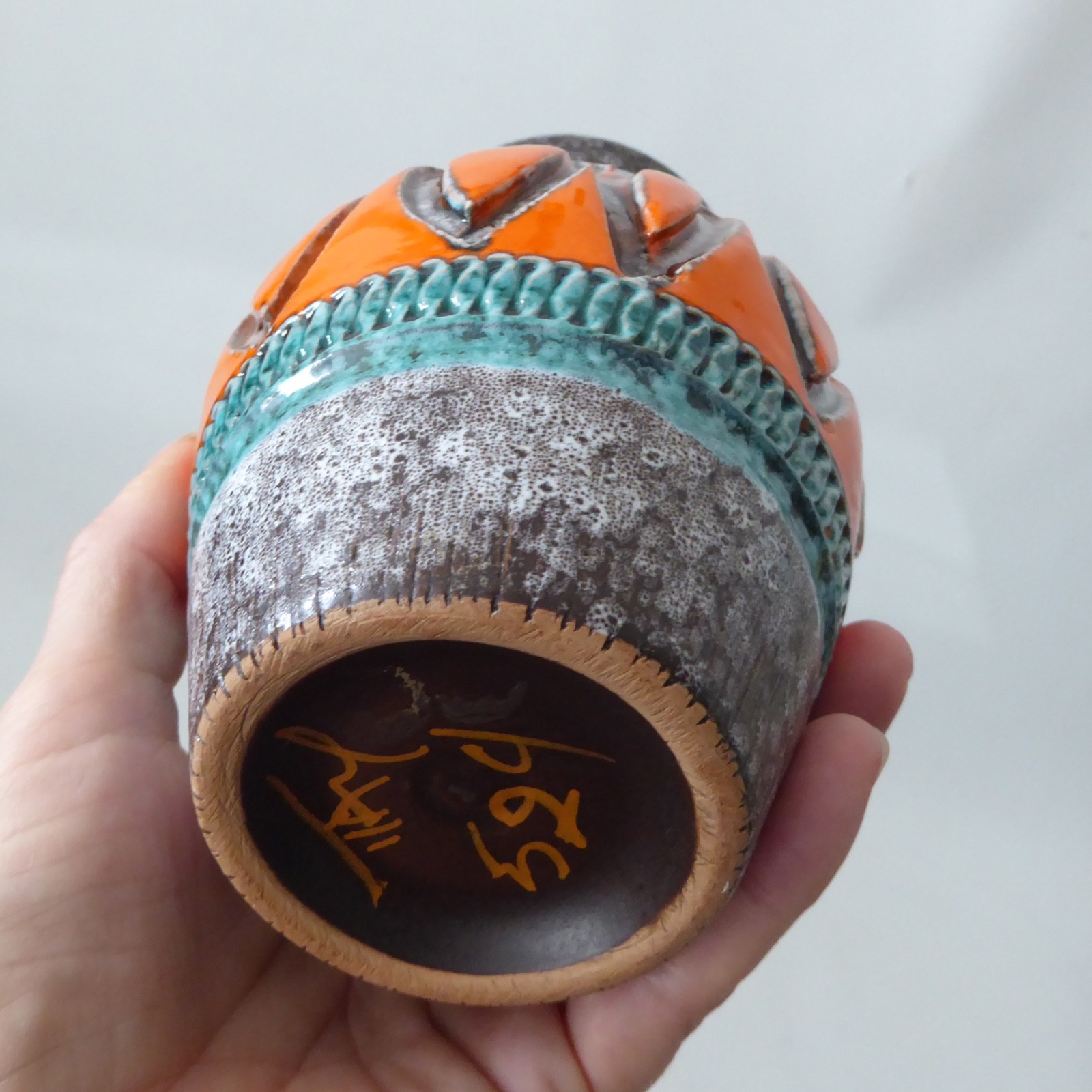 Nuovo Rinascimento art vase, mid century Italian pottery ceramic, orange & teal - Image 10