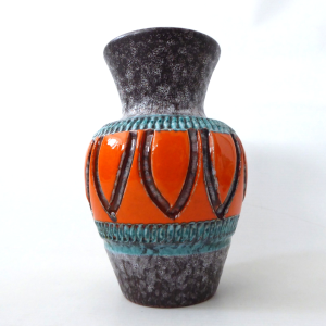 Nuovo Rinascimento art vase, mid century Italian pottery ceramic, orange & teal