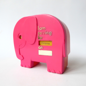 Pink & orange elephant plastic money box. Vintage retro 1960s 1970s piggy bank