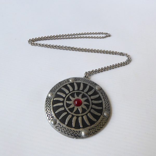 St Justin vintage pewter necklace, large medallion round pendant, 26" chain, 70s - Image 3