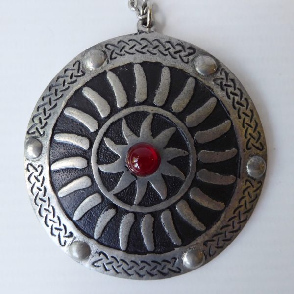 St Justin vintage pewter necklace, large medallion round pendant, 26" chain, 70s - Image 4