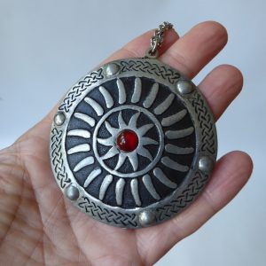 St Justin vintage pewter necklace, large medallion round pendant, 26" chain, 70s