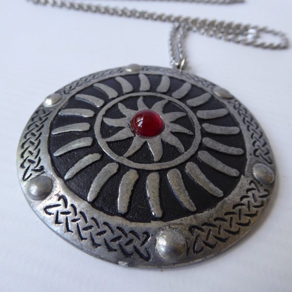 St Justin vintage pewter necklace, large medallion round pendant, 26" chain, 70s - Image 6