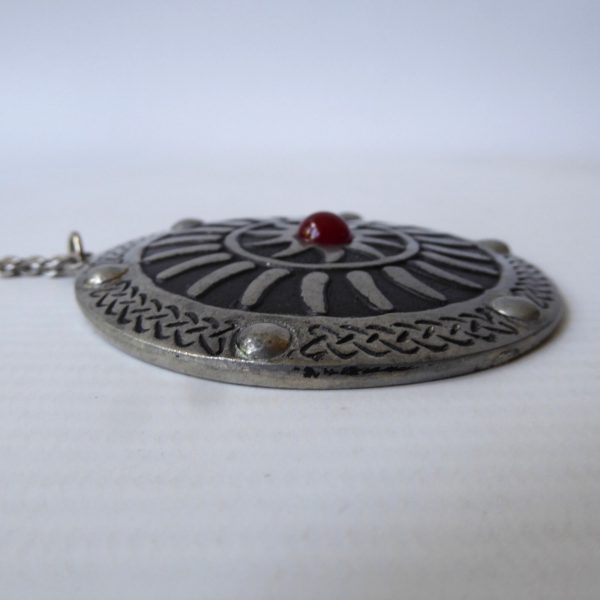 St Justin vintage pewter necklace, large medallion round pendant, 26" chain, 70s - Image 7