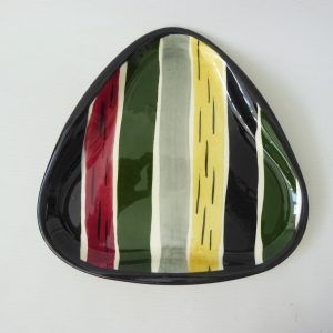 Strehla GDR vintage striped pottery plate dish, triangular 544. 1950s MCM retro