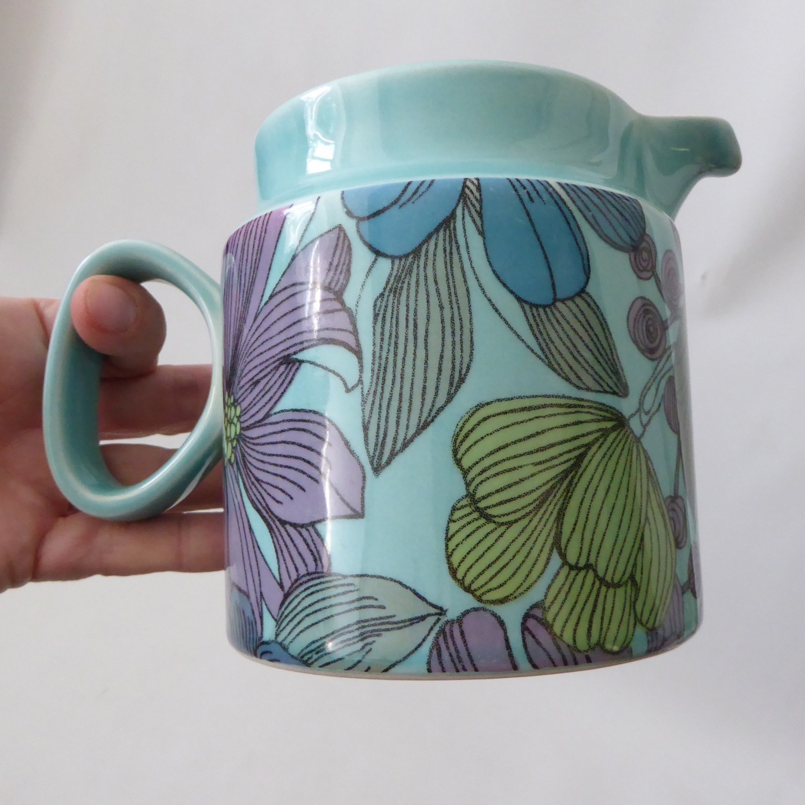 Surrey Ceramics vintage turquoise blue large jug 672, retro floral flowers 1970s - Image 10