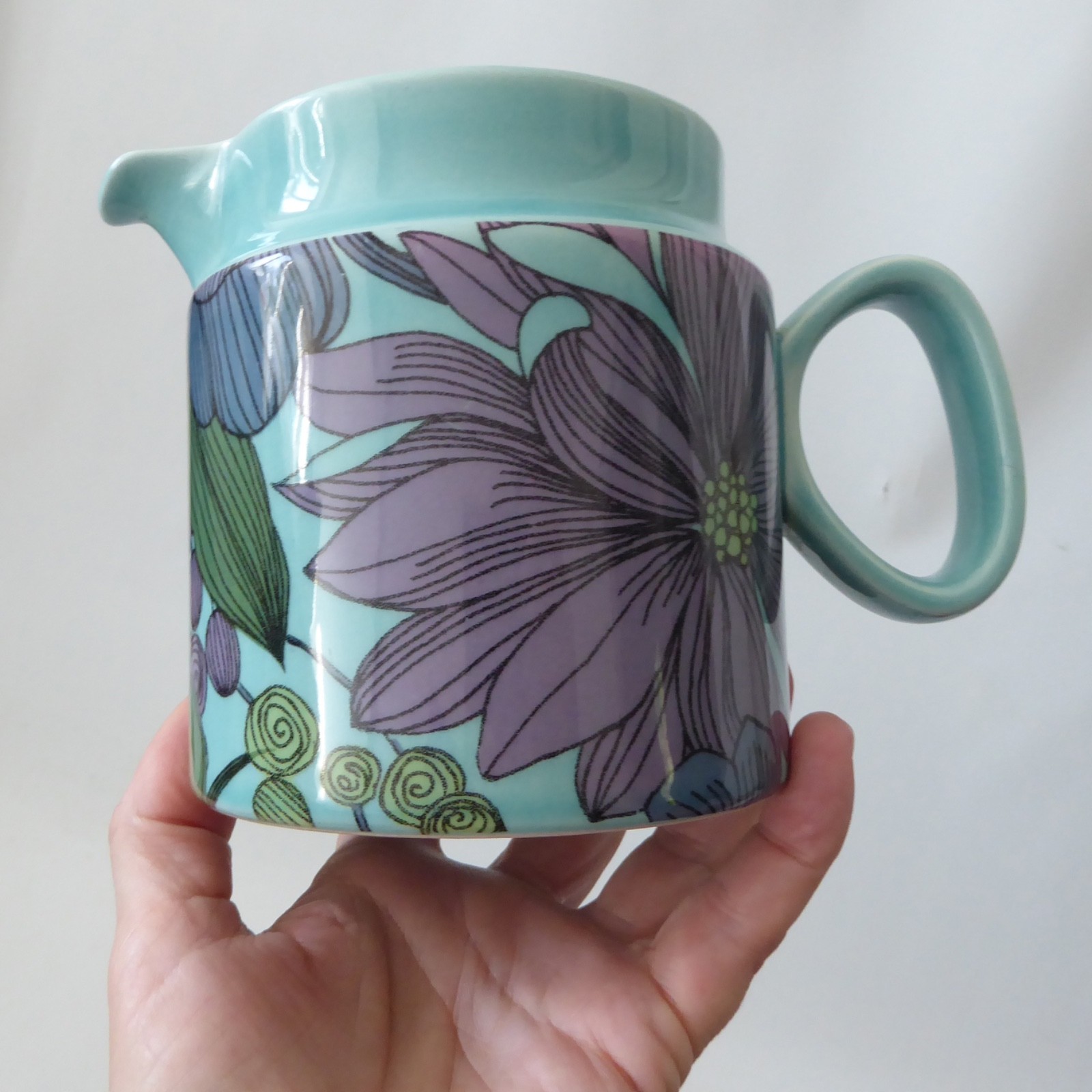 Surrey Ceramics vintage turquoise blue large jug 672, retro floral flowers 1970s - Image 11