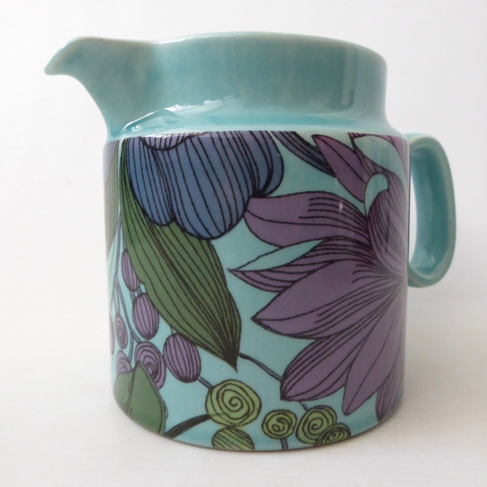 Surrey Ceramics vintage turquoise blue large jug 672, retro floral flowers 1970s - Image 3