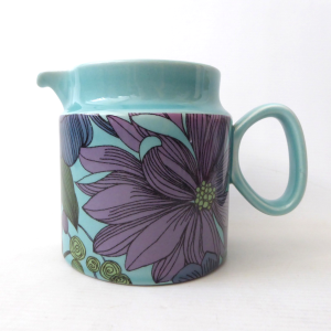 Surrey Ceramics vintage turquoise blue large jug 672, retro floral flowers 1970s