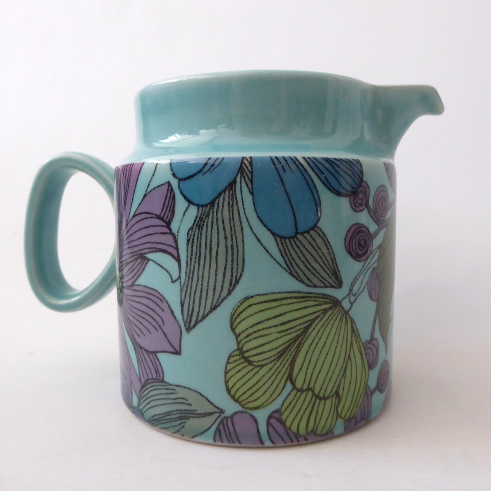 Surrey Ceramics vintage turquoise blue large jug 672, retro floral flowers 1970s - Image 7