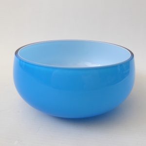 Turquoise cyan cased white vintage art glass bowl dish. Retro Empoli 1970s style
