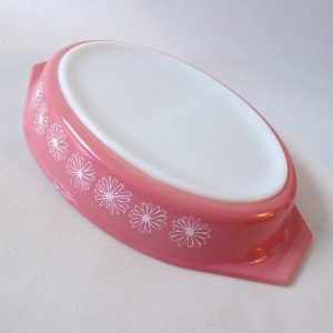 Vintage 1950s Pyrex JAJ pink Daisy oval 2179 divided vegetable casserole dish