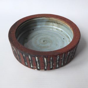 Vintage Briglin studio pottery bowl. Round 1970s retro striped + duck egg glaze