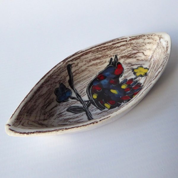 Vintage Italian pottery ceramic pin dish sgriffito black bird. Italy Florentine - Image 3