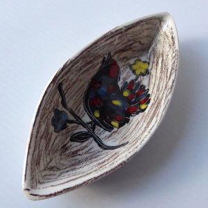 Vintage Italian pottery ceramic pin dish sgriffito black bird. Italy Florentine