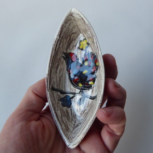 Vintage Italian pottery ceramic pin dish sgriffito black bird. Italy Florentine - Image 8