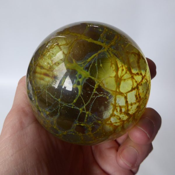 Vintage Mdina 1970s spiderweb crizzle art glass paperweight ochre sphere + label - Image 10