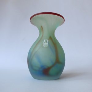 Vintage Mdina Malta art glass frosted vase, pale green, blue & deep red, 4.5"