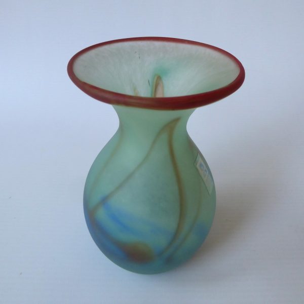 Vintage Mdina Malta art glass frosted vase, pale green, blue & deep red, 4.5" - Image 5