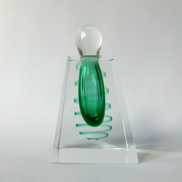 Vintage art glass ornamental perfume bottle + stopper, green swirl faceted block - Image 3