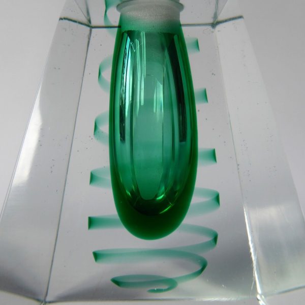 Vintage art glass ornamental perfume bottle + stopper, green swirl faceted block - Image 4