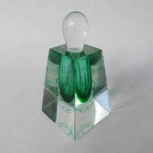 Vintage art glass ornamental perfume bottle + stopper, green swirl faceted block