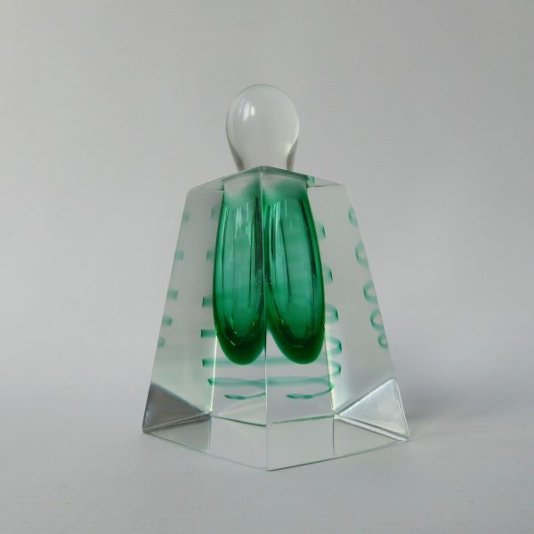 Vintage art glass ornamental perfume bottle + stopper, green swirl faceted block - Image 5