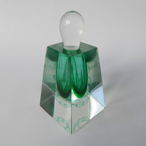Vintage art glass ornamental perfume bottle + stopper, green swirl faceted block