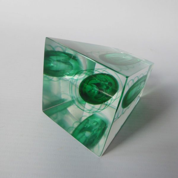 Vintage art glass ornamental perfume bottle + stopper, green swirl faceted block - Image 9