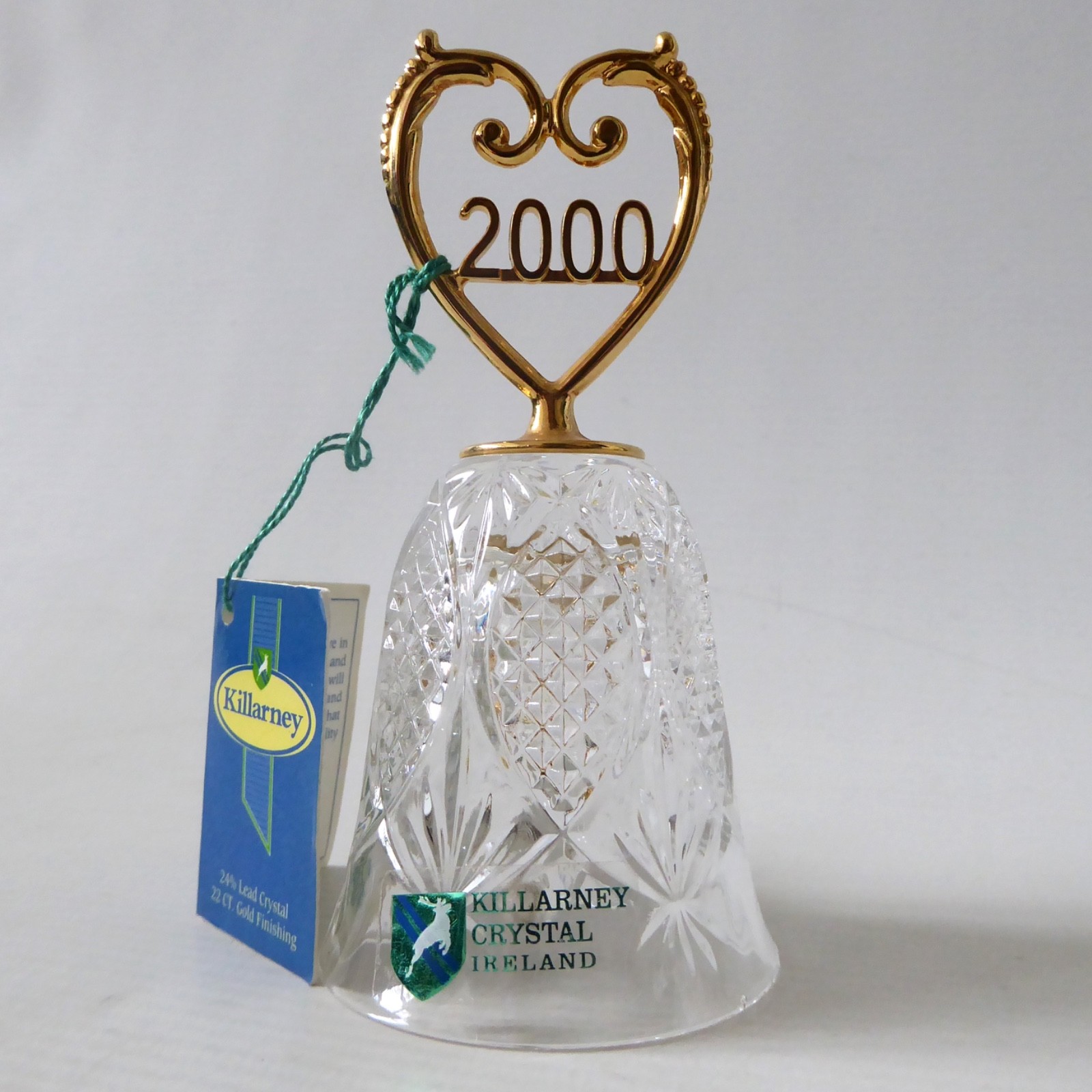 Year 2000 Killarney Ireland 24% lead crystal glass bell 22 carat gold finish Y2K